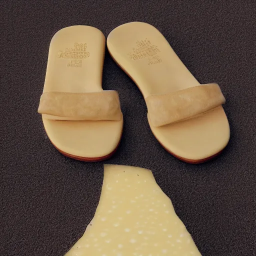 Image similar to high quality photo of sandals made of swiss cheese, realism, 8k, award winning photo