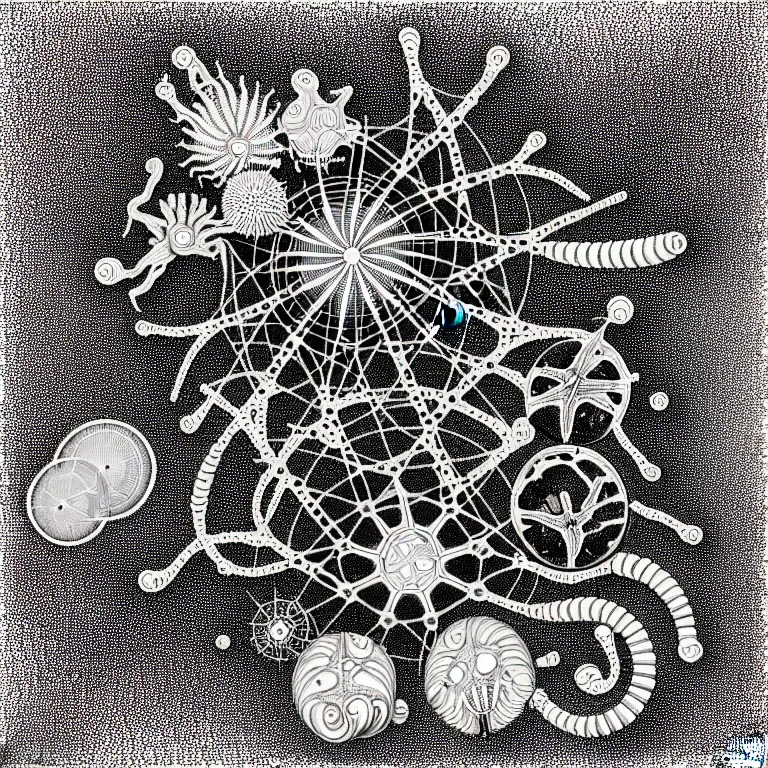 Image similar to a black and white drawing of a variety of sea life and filled with gundam mech equipment space station, a microscopic photo by ernst haeckel, zbrush central, kinetic pointillism, intricate patterns, photoillustration