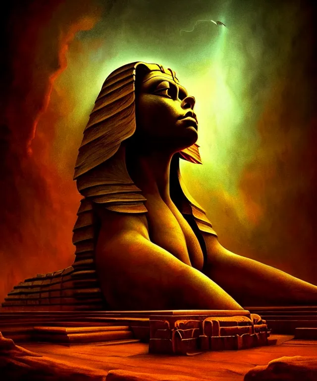 Image similar to epic professional digital art the sphinx, horrific yet beautiful vibe, evocative, atmospheric lighting, painted, intricate, highly detailed, by leesha hannigan, wayne haag, reyna rochin, ignacio fernandez rios, mark ryden, iris van herpen, artstation, cgsociety, stunning, gorgeous, sharp focus, cinematic, masterpiece