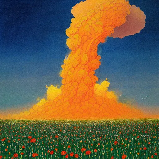 Prompt: a beautiful painting of a large nuclear geyser erupting in a field of flowers by moebius