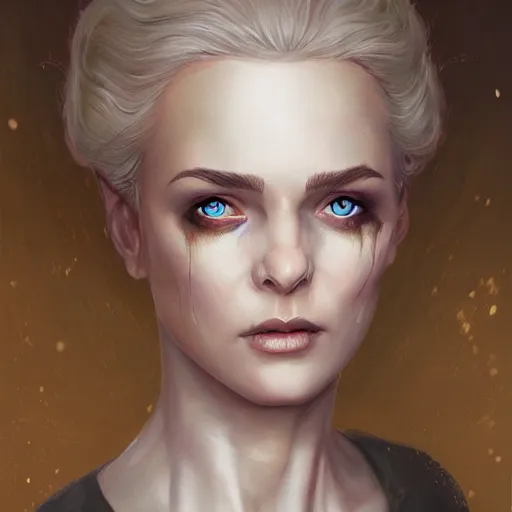 Image similar to a detailed matte head - on portrait painting of an middle - aged half - tiefling noblewoman with golden eyes and short well kept hair, by charlie bowater, lise deharme, wlop, tending on arstation, dungeons and dragon, dnd, pathfinder, fanart, oil on canvas