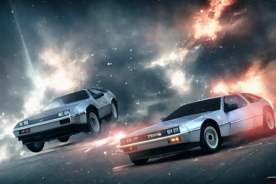Image similar to ultra realistic delorean dmc 5 and mazda rx 7 do parallel drift on road wreckage orbiting earth in space, dark cinematic, volumetric, realistic, 3 d render, realistic render, cinematic lighting, volumetric lighting, atmospheric, cinematic, unreal engine 5, unreal engine render, octane render, hd, photorealism, hyper realistic, 8 k