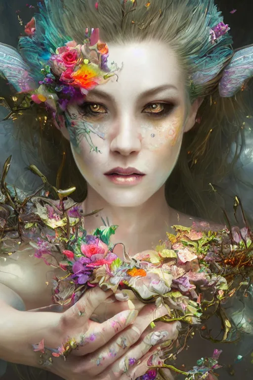 Image similar to face closeup covered with abstract flowers of extremely beautiful girl necromancer, magical fairy flowers and ice velvet, diamonds, angels, 3 d render, hyper - realistic detailed portrait, holding fire and electricity rainbow, ruan jia, wlop. scifi, fantasy, magic the gathering, hyper detailed, octane render, concept art, peter mohrbacher