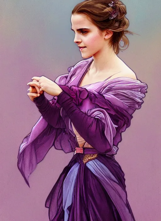 Image similar to emma watson wearing revealing pink and purple chiffon dress with flounces. beautiful detailed face. by artgerm and greg rutkowski and alphonse mucha