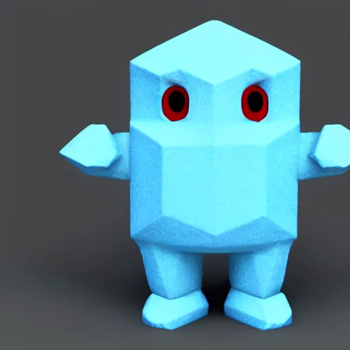 Prompt: 3D render of a cute, simplistic cyan crystal character with two blue hexagon eyes and a blue triangle mouth