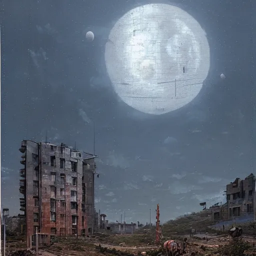 Prompt: a photo of an enormous robot crashing a building, the sky is cloudy. the moon is full. by ivan shishkin and simon stalenhag