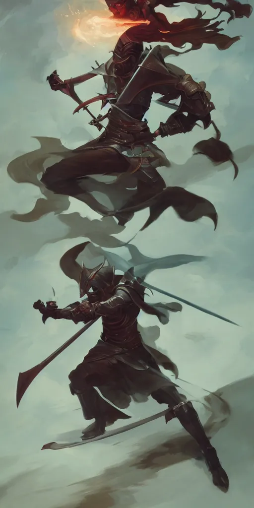 Image similar to action portrait of a magic knight fighting while casting spells with his swords, 4 k trending on artstation by peter mohrbacher