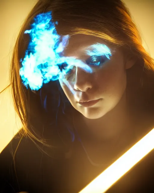 Prompt: official hd photo portrait of a girl using modular synth closeup tired and angry documentary movie trending on artstation Flickr depth of field cinematic lens flare backlit smoke noir technoir detailed