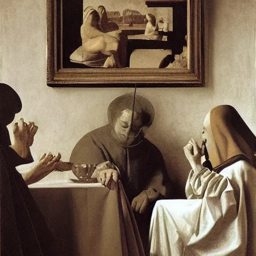Prompt: A beautiful performance art. Let’s see how long the rich can eat their money for aureolin by Johannes Vermeer, by Eric Zener desaturated