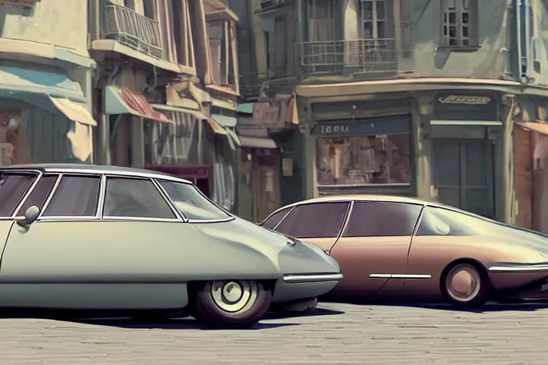 Image similar to a wholesome beautiful animation key shot of!! one!! focused!! 1 9 7 4 citroen ds!! in a paris street, medium wide shot, studio ghibli, ( pixar ) and disney animation, sharp, very detailed, high resolution, rendered in unreal engine 5, anime key art by greg rutkowski, bloom, dramatic lighting