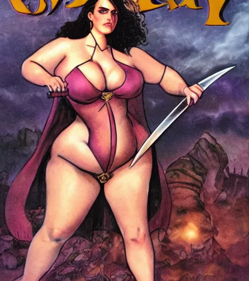 Image similar to 1 9 8 0 s fantasy novel book cover, bbw plus size amazonian emma watson in extremely tight bikini armor wielding a cartoonishly large sword, exaggerated body features, dark and smoky background, low quality print