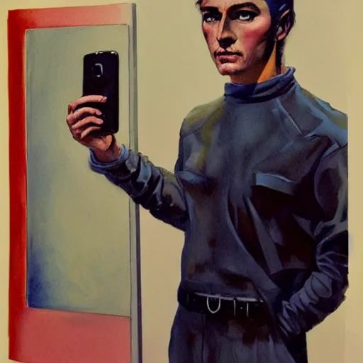 Image similar to detailed details photorealistic guy with blank face stand and selfie in front of bathroom mirror in the style of bob peak and alex ross, gouache and wash paints color, detailed details facial and body and human and environments and proportionate, detailed 5 k details.