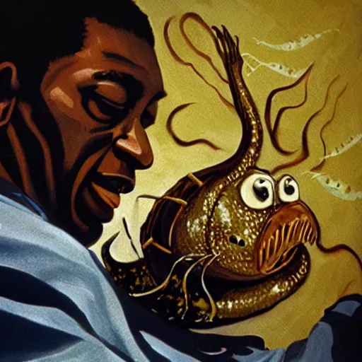 Prompt: john coltrane snuggling a scary loving angler fish in bed