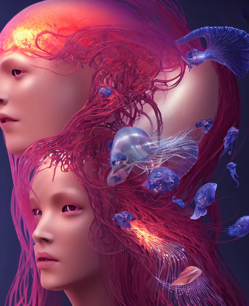 Image similar to goddess close-up portrait ribcagel. jellyfish phoenix head, nautilus, orchid, skull, betta fish, bioluminiscent creatures, intricate artwork by Tooth Wu and wlop and beeple. octane render, trending on artstation, greg rutkowski very coherent symmetrical artwork. cinematic, hyper realism, high detail, octane render, 8k