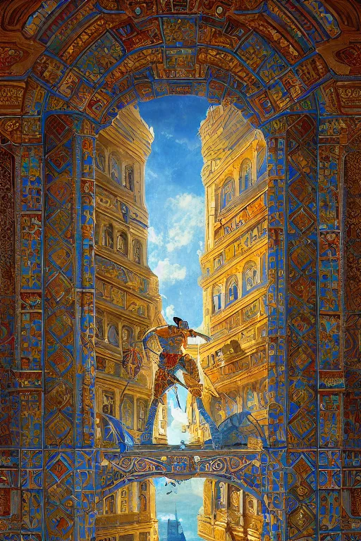 Image similar to glorious painted tower of the sun and stars by Ludwig Deutsch and Rudolf Ernst and tyler edlin, dramatic cinematic lighting , beautiful colorful tilework, ornate architecture, smooth, sharp focus, extremely detailed
