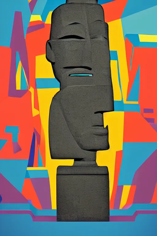 Image similar to cubist moai statue cutout digital illustration cartoon colorful beeple