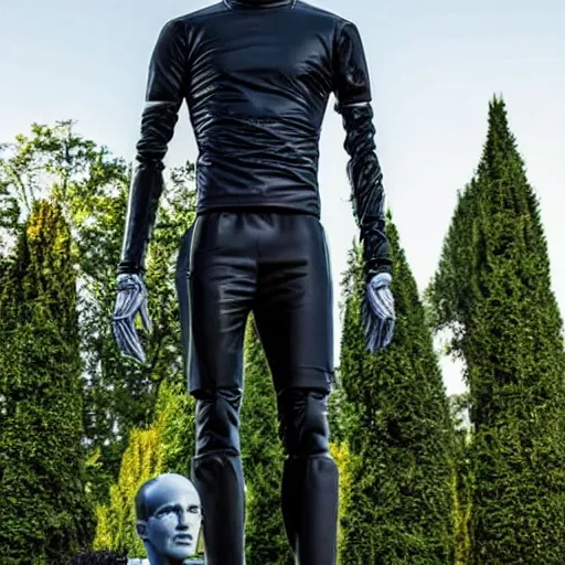 Image similar to a realistic detailed photo of a guy who is an attractive humanoid who is half robot and half humanoid, who is a male android, soccer player martin ødegaard, shiny skin, posing like a statue, blank stare, in the backyard, on display