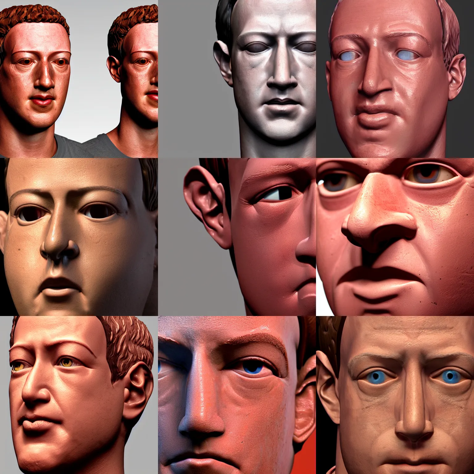 Prompt: very realistic face close up zuckerberg digital red clay by zbrush