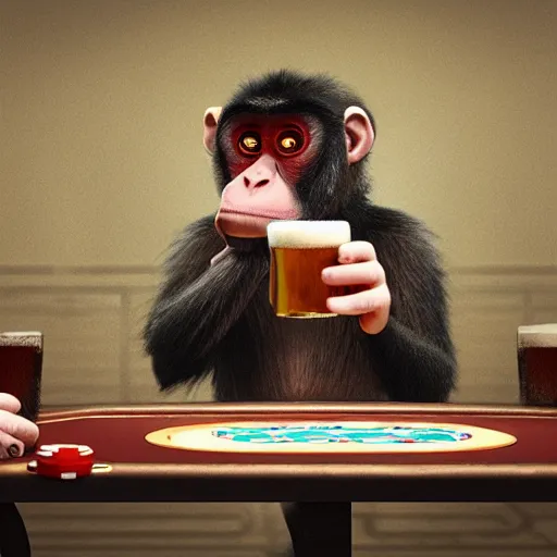 Image similar to Monkey drinking beer playing poker, Hyper Realism, realistic, cinematic lighting, ambient lights, depth of field, perspective,