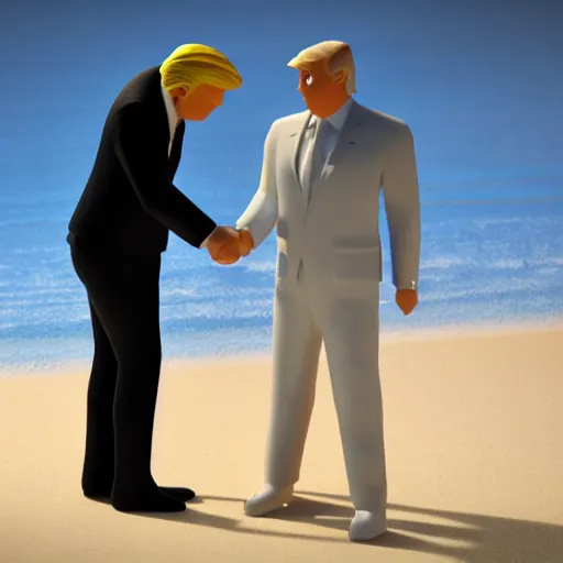 Image similar to 3 d render of batman and donald trump shaking hands on a sunny beach, 8 k, very intricate, very detailed,