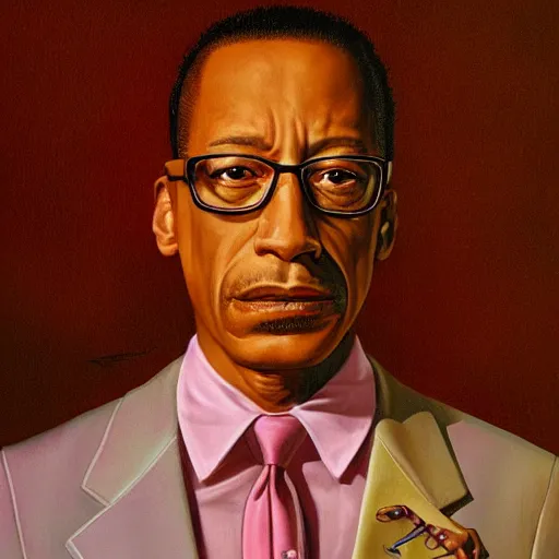 Prompt: Portrait of Gus fring by gerald brom, full body, light pink sunrise, calm atmosphere