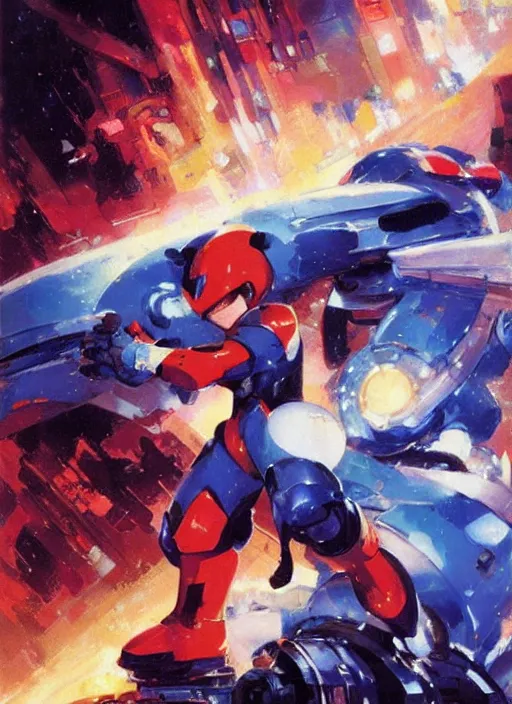 Image similar to Megaman X by John Berkey and Vincent Di Fate, rule of thirds, seductive look, beautiful, in intergalactic hq, ethereal lighting, smooth, masterpiece, Refined