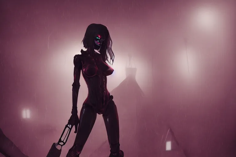 Image similar to cyber vampire woman, meat, blood, bones, Abandoned night hangar, dim blue light, foggy room, blade runner style