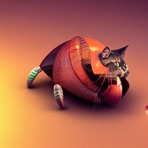 Image similar to a cat hermit crab animal mashup, cat x hermit crab, digital art, deviantart, artstation, octane render