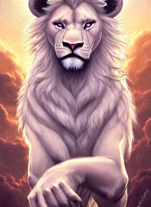 Image similar to aesthetic portrait commission of a of a male fully furry muscular anthro albino lion with a tail and a beautiful attractive hyperdetailed face, wearing stylish and creative wearing school uniform outfit in a sci-fi dystopian city at golden hour while it storms in the background. Character design by charlie bowater, ross tran, artgerm, and makoto shinkai, detailed, inked, western comic book art, 2021 award winning film poster painting