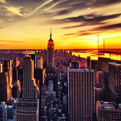 Image similar to sunset above new york, beautiful landscape, high detail, instagram photo, professional dslr photo, creative composition, beautiful composition