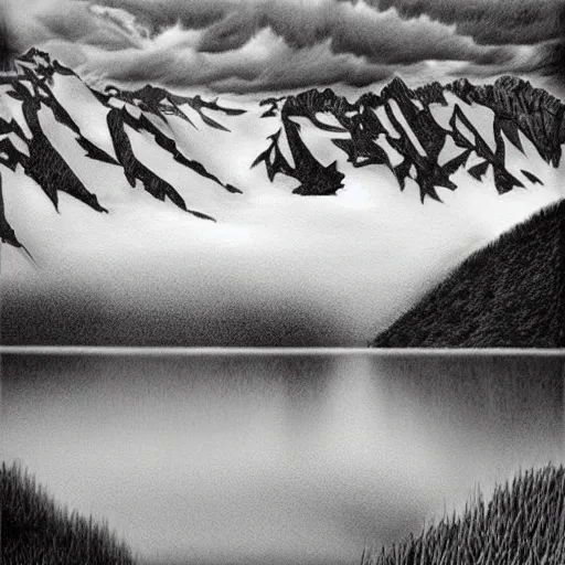 Image similar to lago di sorapis, hyper - realistic black and white drawing, hyper detailed