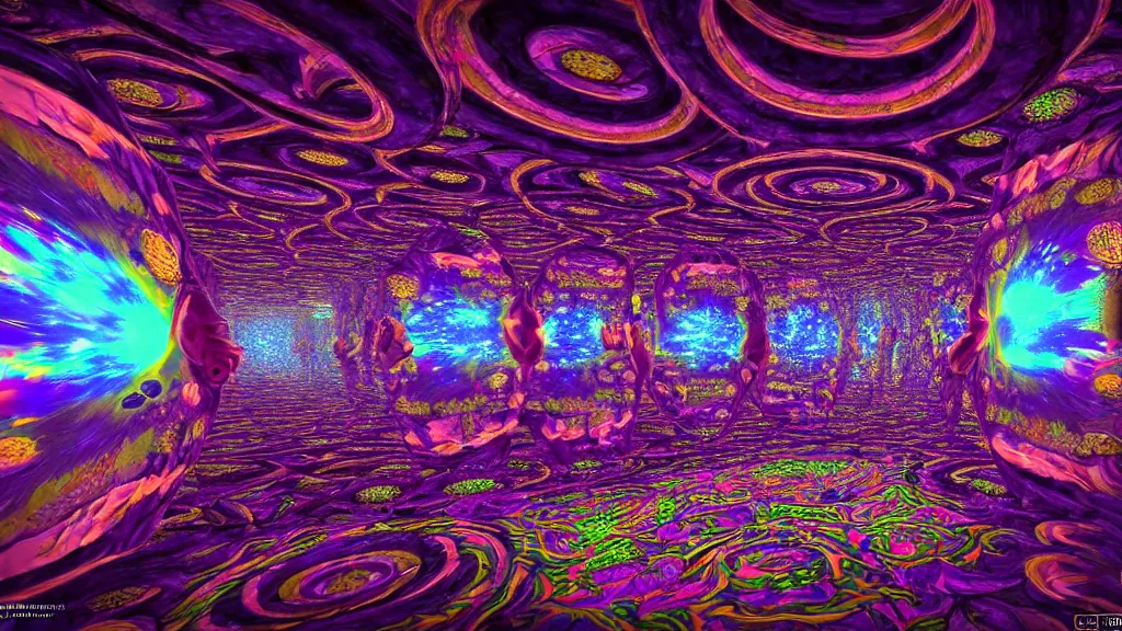 Prompt: exploring the essence of an acid trip, LSD, hall of mirrors, ultra-detailed, hyperrealistic, ego death, peak, by tian gan, trending on patreon, artstation, deviantart. Unreal engine