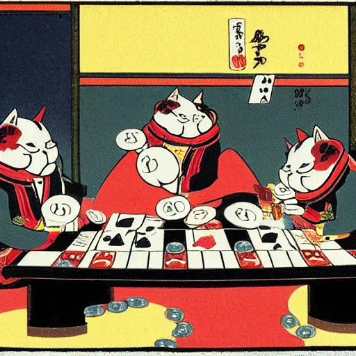 Image similar to fat mobster cats gambling at a table with a single light overhead, smoke fills the room, japanese art style