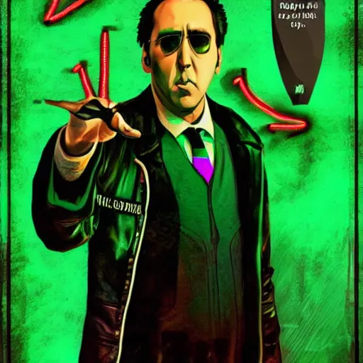 Image similar to enraged nicolas cage in hogwarts, poster, neon vibes