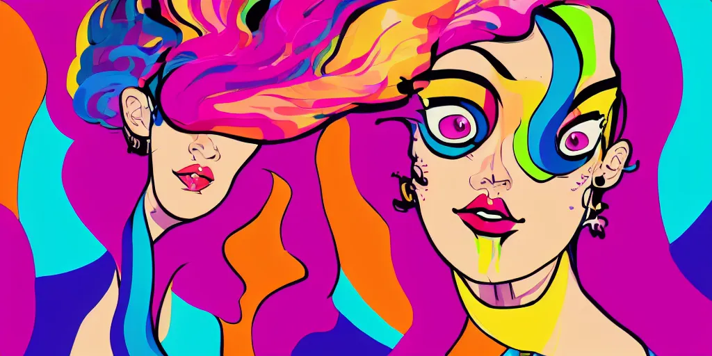 Image similar to a digital painting of a woman with colorful hair, a pop art painting by tomokazu matsuyama, behance contest winner, psychedelic art, psychedelic, 2 d, digital illustration, trending on artstation, anime stylized, accurate fictional proportions, high delicate defined details, ethereal lighting