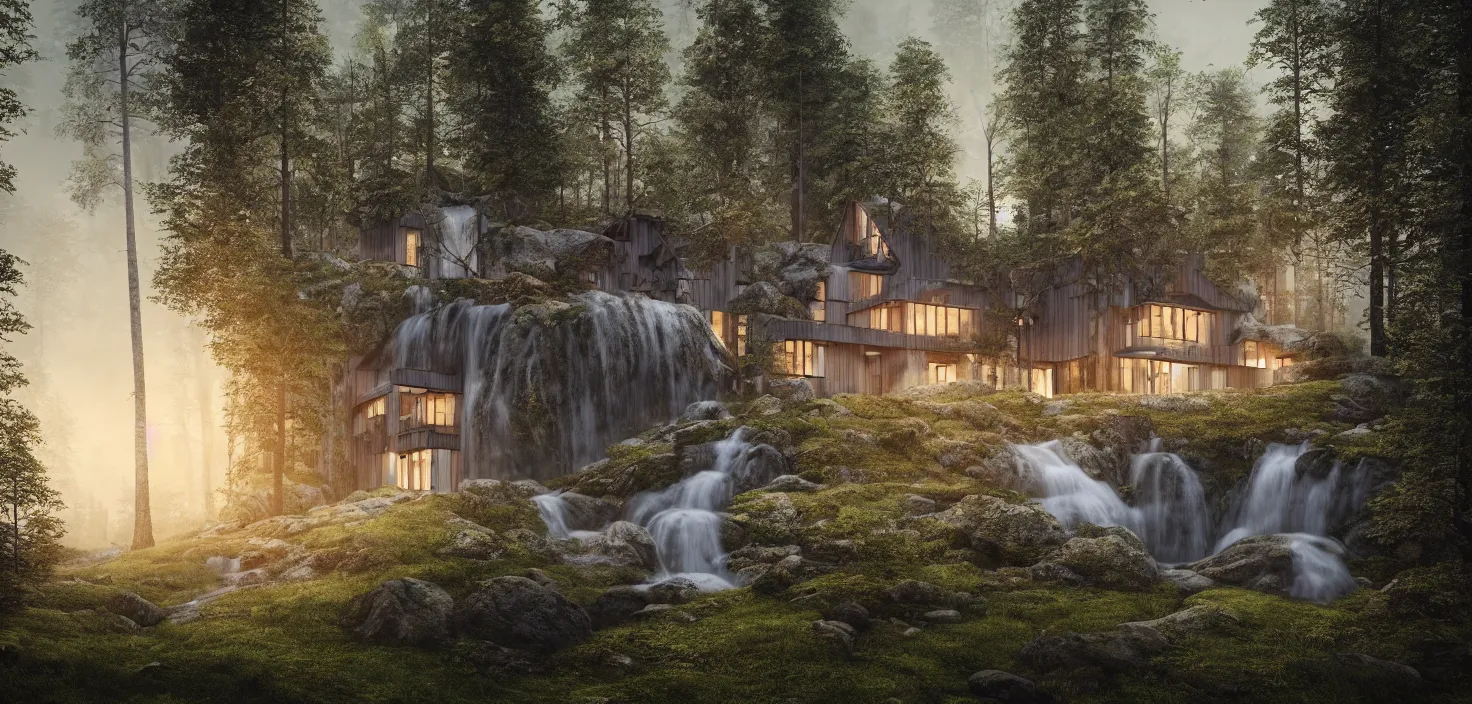 Image similar to beautiful large scandinavian house in the forest on a hill, a large waterfall flows down from the mountain in the background, octane render, fabulous, hyper detailed, random cinematic view, no noise, global illumination, warm lighting, volumetric, godrays, vivid, by jordan grimmer