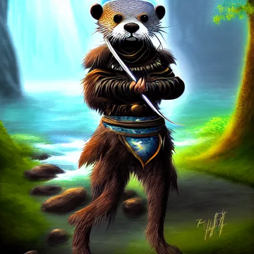 Image similar to furry otter warrior, fantasy art, lightweight armour, near the river, waterfall, digital art, high quality