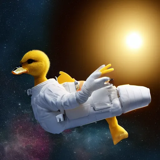 Image similar to A little duckling floating in space with an astronaut suit, 4k, photograph, photoreal, realistic, highly detailed, epic lighting, awar winning