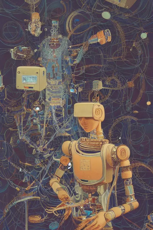 Prompt: a boy fixing his robot, by Victo Ngai and by Lohmuller Gyuri, high angle, oil on canvas
