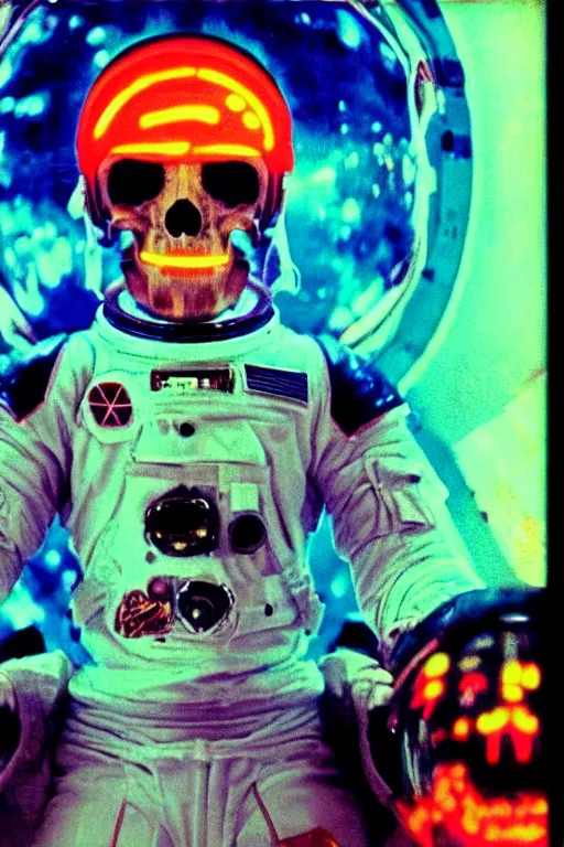 Prompt: astronaut with neon glowing skull, 1 9 6 0 s, color bleed, video compression, video glitch, vhs footage, akira kurosawa, mamoru oshii, wes anderson, stanley kubrick