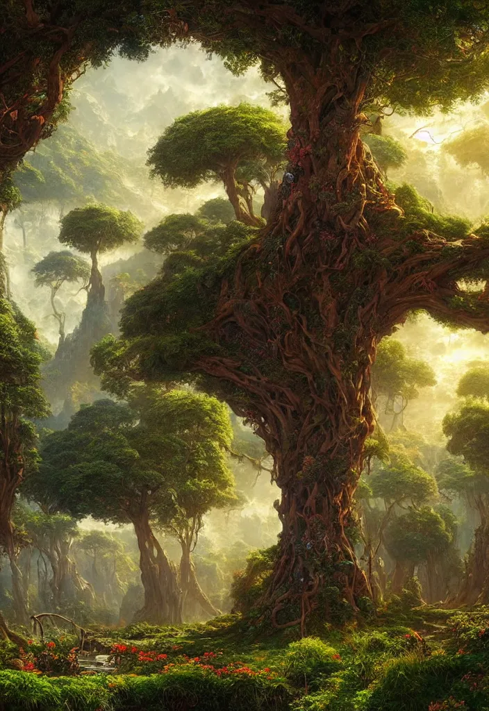 Prompt: beautiful hyper realistic detailed matte painting of fantasy tree of life in garden of eden, hd, hdr, by Moebius and John Howe and Albert Bierstadt and Alena Aenami, ultra detailed, high resolution