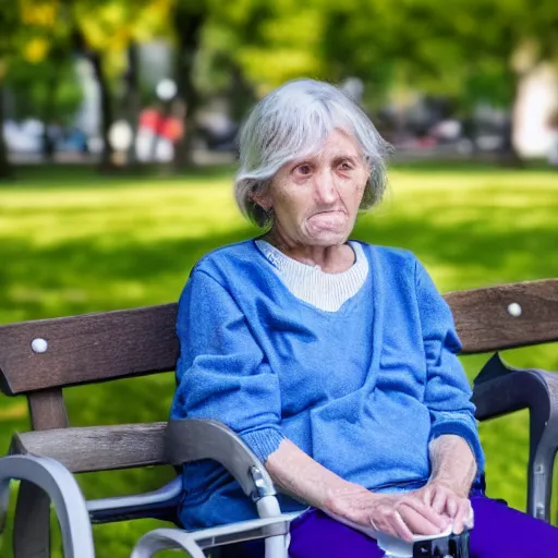 Image similar to an older woman sitting in a park using an oxygen concentrator, 4 k,