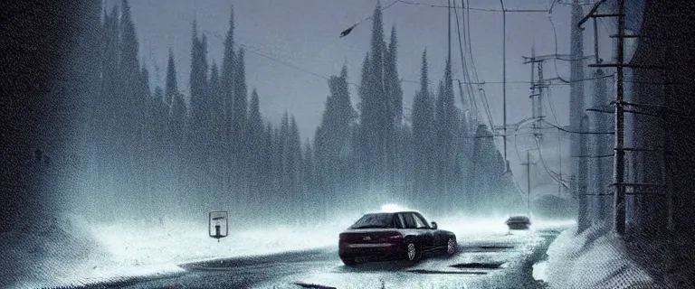 Image similar to Audi A4 B6 Avant (2002), a gritty neo-noir, Robot horror, dramatic bright lighting, cinematic, establishing shot, extremely high detail, photorealistic, cinematic lighting, artstation, by simon stalenhag, Snowy italian road, Snowy Apennines, At night, Poets of the Fall - Late Goodbye