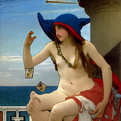 Image similar to A demon girl with jester hat and clothes on a greek archi circle on the front of a Balustrade with a beach and a sail boat on the background, major arcana cards, by paul delaroche, alphonse mucha and arnold böcklin arnold böcklin hyperrealistic 8k, very detailed