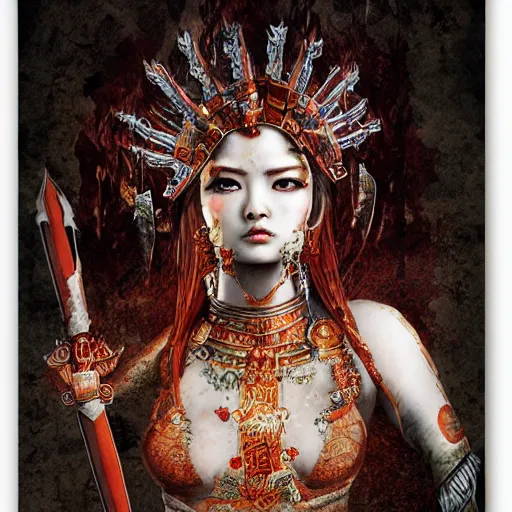 Image similar to Apsaras warrior with weapon,traditional Chinese textures, hyper detailed, by Brook Shaden