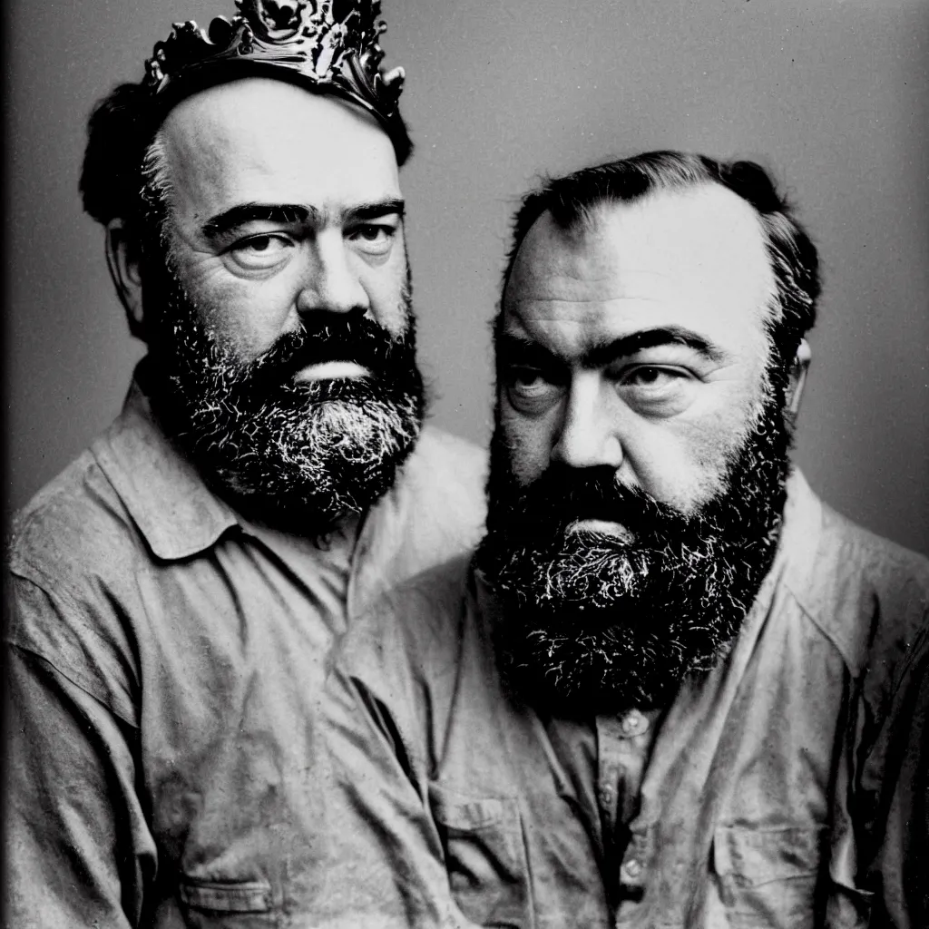 Image similar to An Alec Soth portrait photo of Ernest Hemingway wearing the crown of Macbeth