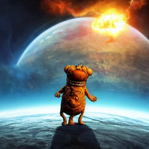 Image similar to eldritch horror bloody garfield in space, hd, 8 k, giant, epic, realistic photo, unreal engine, stars, prophecy, powerful, cinematic lighting, destroyed planet, debris, violent, sinister, ray tracing, dynamic, epic composition, dark, horrific, teeth, grotesque, monochrome drawing, hellscape