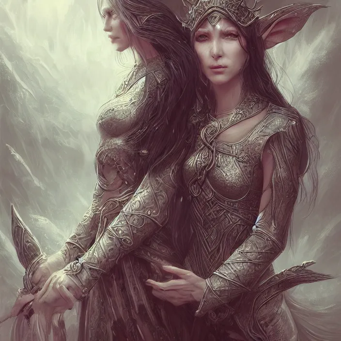 Prompt: cruel elvish empress, extremely detailed, hyperrealistic, intricate, soft light, fantasy, d & d, digital painting, art station, by wlop