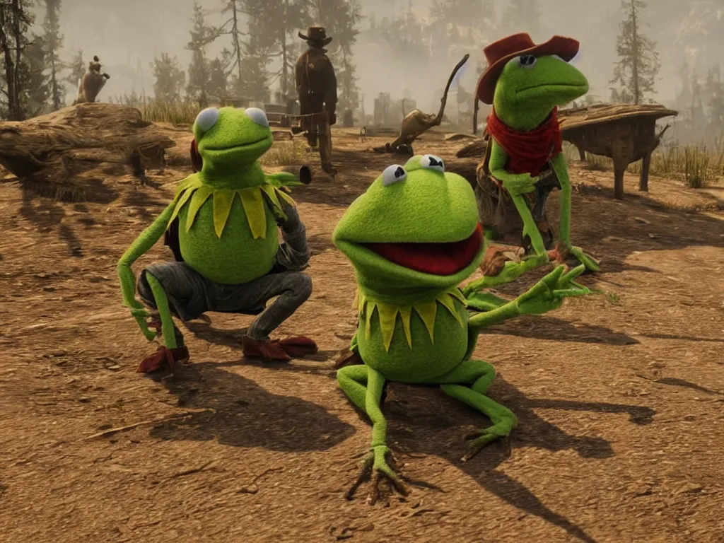 Prompt: Kermit the frog in Red Dead Redemption 2, snowy