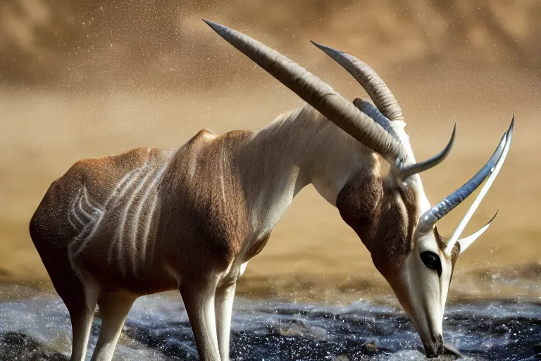 Image similar to ultra realistic nature photography, panoramic picture of ( subject : a beisa oryx drinking at a water hole ). wavy, scattered light entering from the water surface, artstation, focus on the beisa oryx, extremely hyperrealistic crisply sharp oryx, 8 k